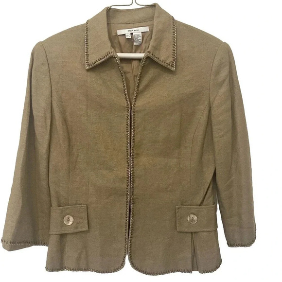 Zara Women's Linen Blend Blazer Size 6 Khaki Sequin Trim Lined - Picture 1 of 8